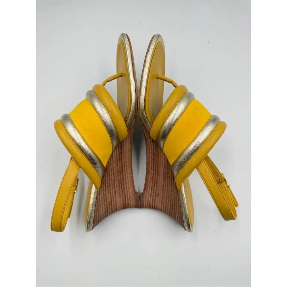 Tory Burch Yellow Metallic Puffy Leather Wedge Sandal Slingback Open Toe Size 9M